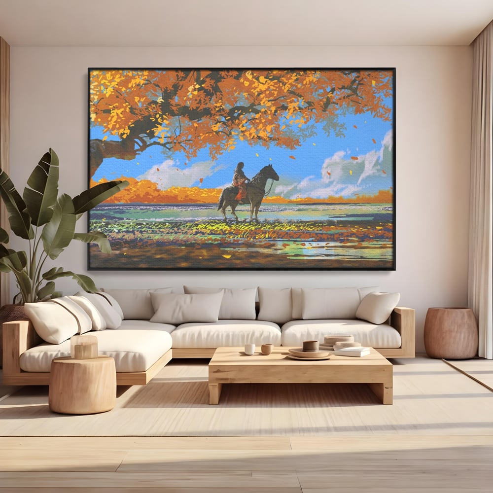 Tablou canvas cu tablou canvas cu fata pe cal, in rama de aluminiu negru, pe perete intr-un living